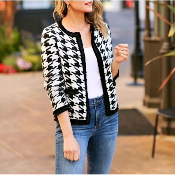 HALOGEN Marl Houndstooth Knit Jacket Ivory/ Black Women’s Size L NWT - Picture 1 of 14